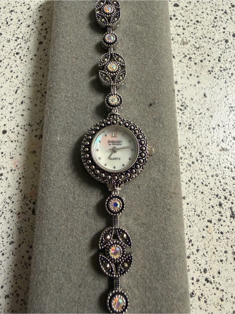 Embassy By Gruen Rhinestones Mother Of Pearl Dial Women's Wristwatch